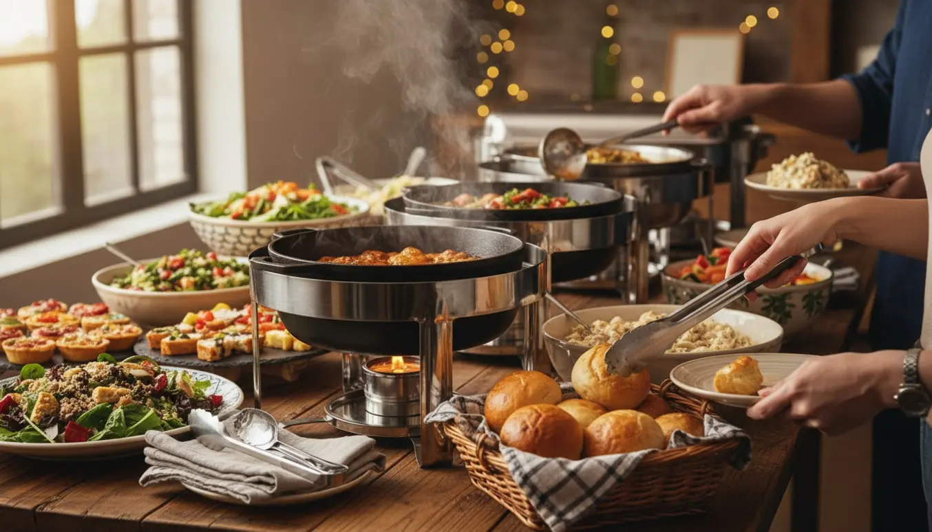 Hænder fylder og luner mad på et buffetbord til fest, hvor damp stiger op fra varme fade.