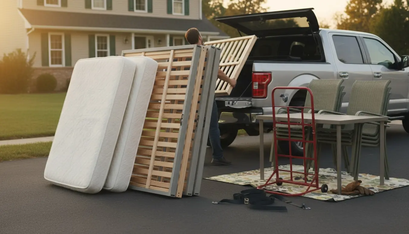 To enkeltsenge, et havebord og fire stole læsses op i en åben varebil på en indkørsel.