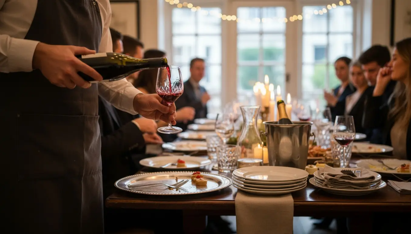 Tjener hælder vin ved et langt bord til en privat fødselsdagsfest med fade, glas og oprydning i baggrunden.