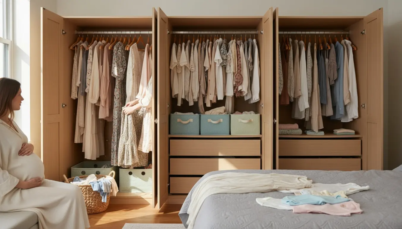 Tre åbne tøjskabe bliver sorteret, mens en højt gravid kvinde holder hånden på maven og andres hænder folder tøj.