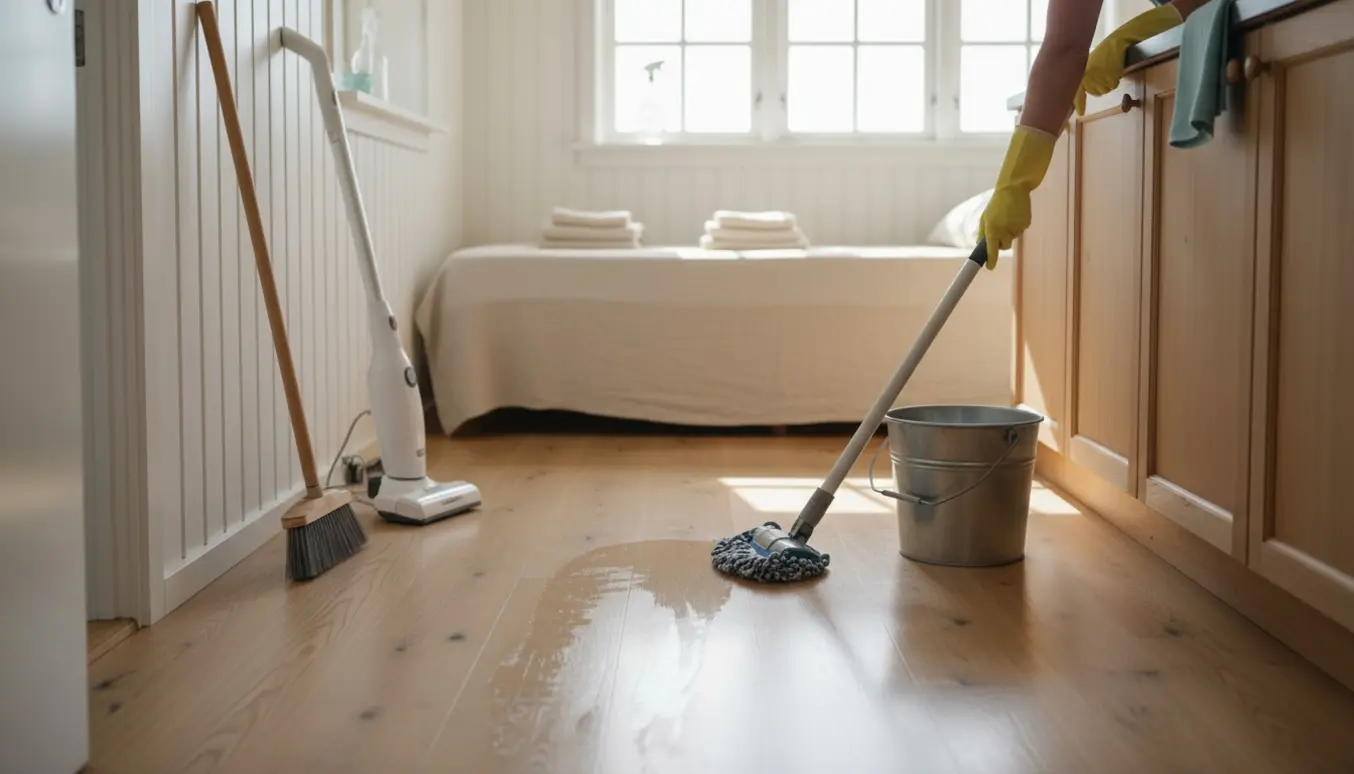 Nyskrubbet sommerhusinteriør med mopper og rengøringsudstyr, hænder i handsker mopper gulvet.
