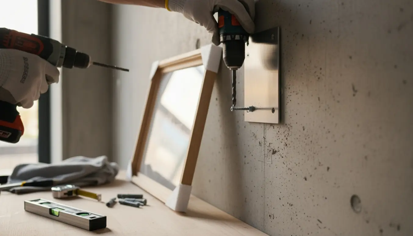 Nærbillede af montering af en skrøbelig 140x140 kunstinstallation på en betonvæg med borehammer og monteringsplade.