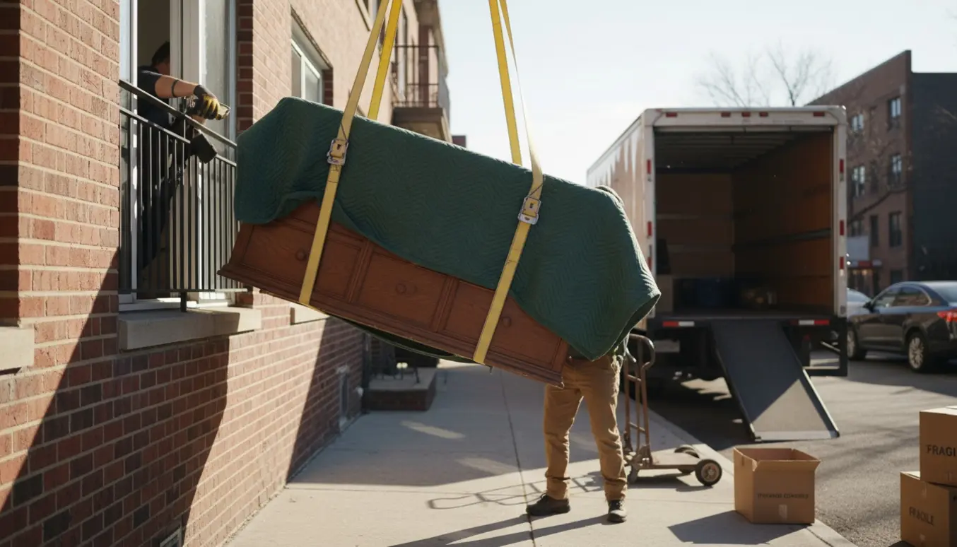 Et tungt træskab sænkes forsigtigt ned gennem et åbent vindue fra anden sal med flyttefolk og en lastbil under.