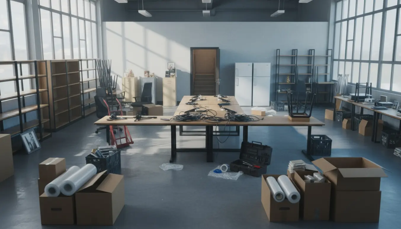 Åbent kontorlokale under oprydning med flyttekasser, delvist demonteret gamerbord, reoler og to køleskabe.