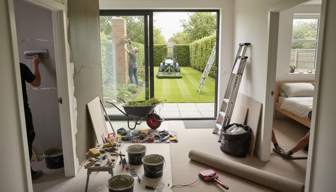 Indendørs renovering og udendørs havearbejde med pudsning, tæppeoplægning og græsslåning ved en bolig.