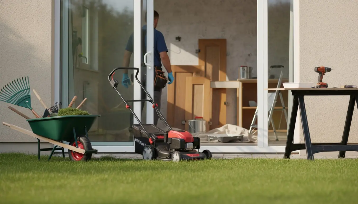 En håndværker ses bagfra ved en åben dør mellem nyklippet græs og et køkken under renovering med værktøj og malerspande.