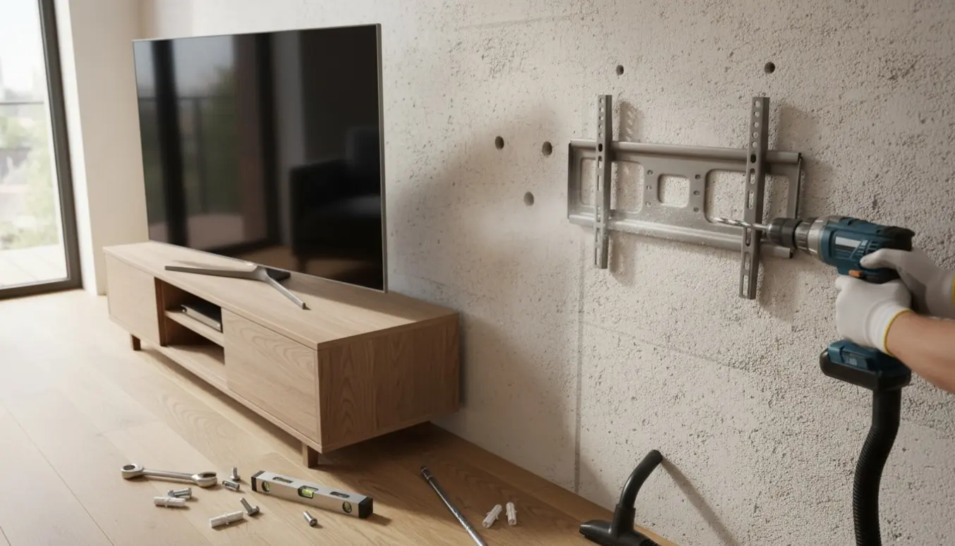 Nærbillede af opsætning af fladskærm på gasbetonvæg med borehuller, beslag og værktøj.