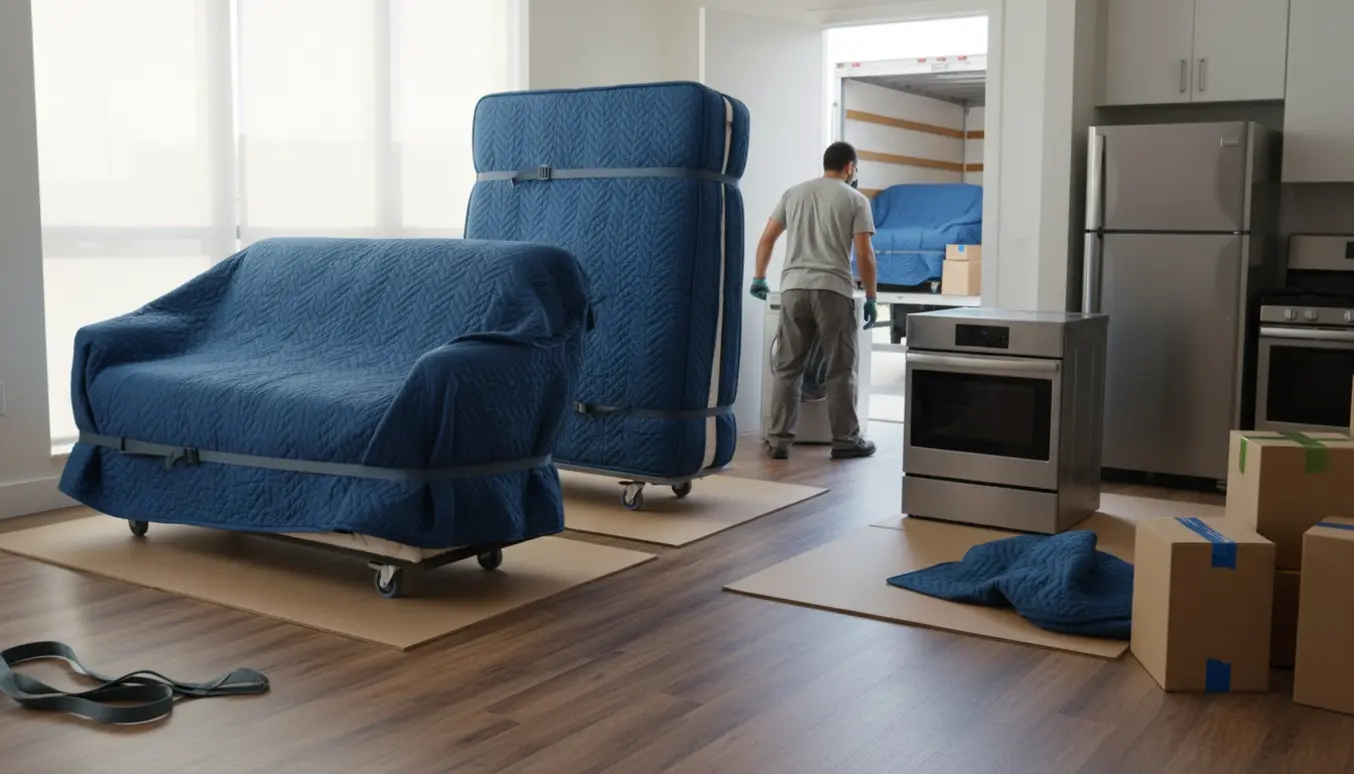 Delvist tømt lejlighed med sofa, seng, køleskab, vaskemaskine og ovn pakket og båret ud mod en parkeret flyttevogn.