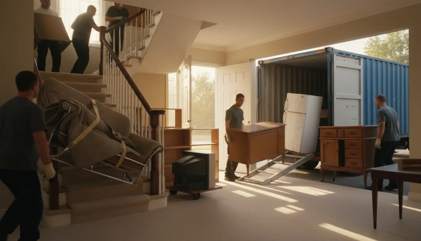 Flyttefolk læsser møbler fra en trappeopgang ind i en container til genbrugsplads.