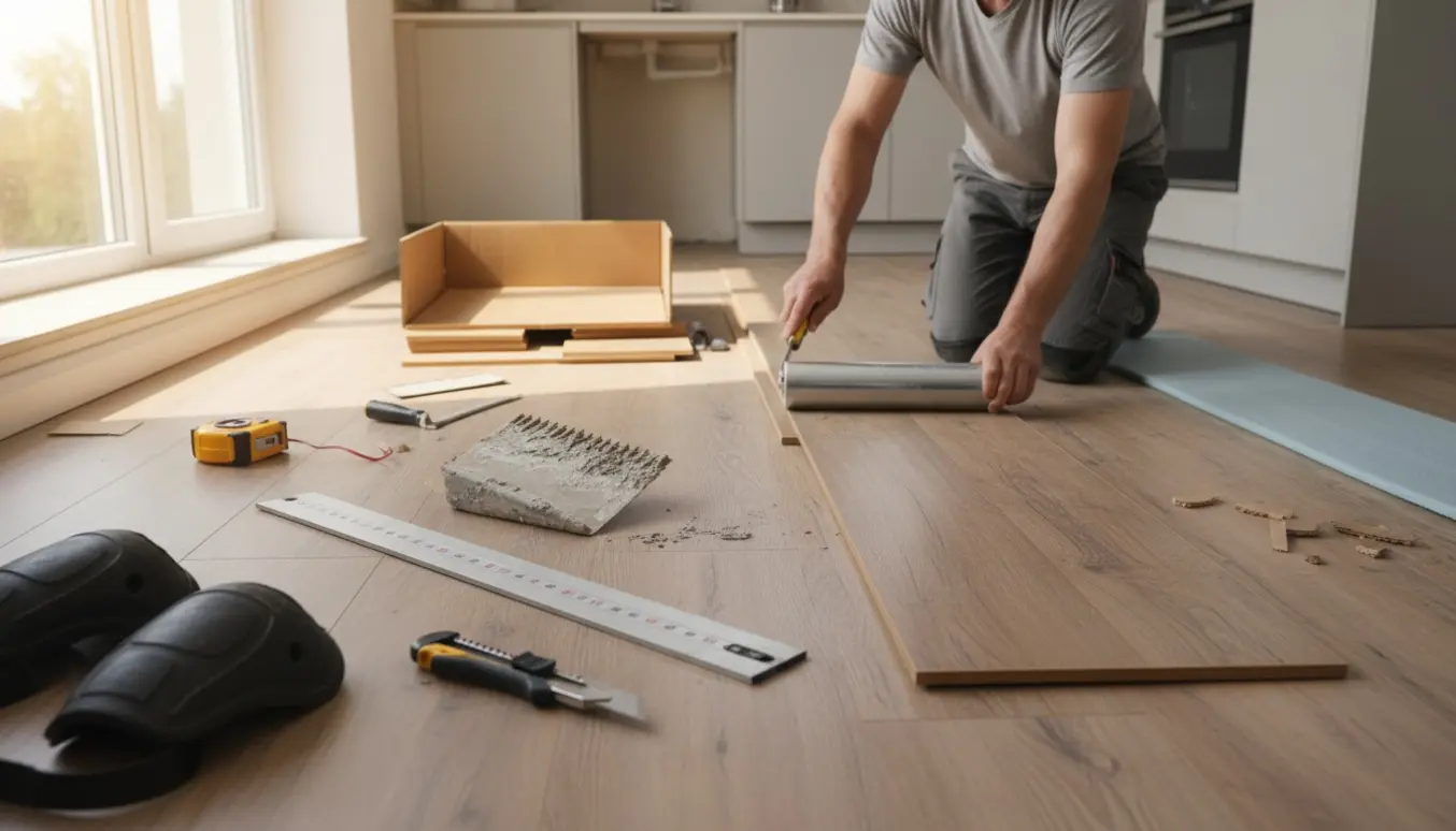 Hænder lægger vinylgulv i et køkken med værktøj spredt omkring.