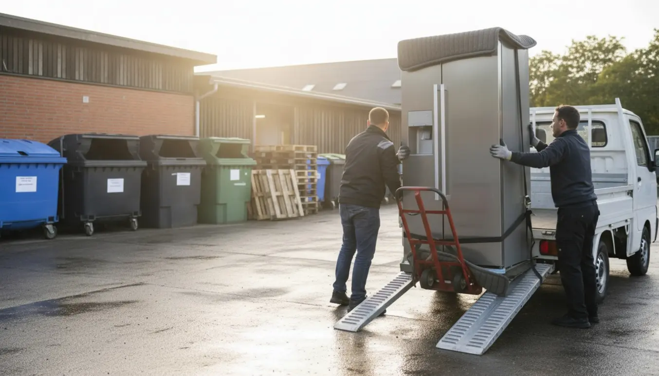 To personer læsser et amerikansk køleskab på en varebil ved en genbrugsstation i Holbæk.