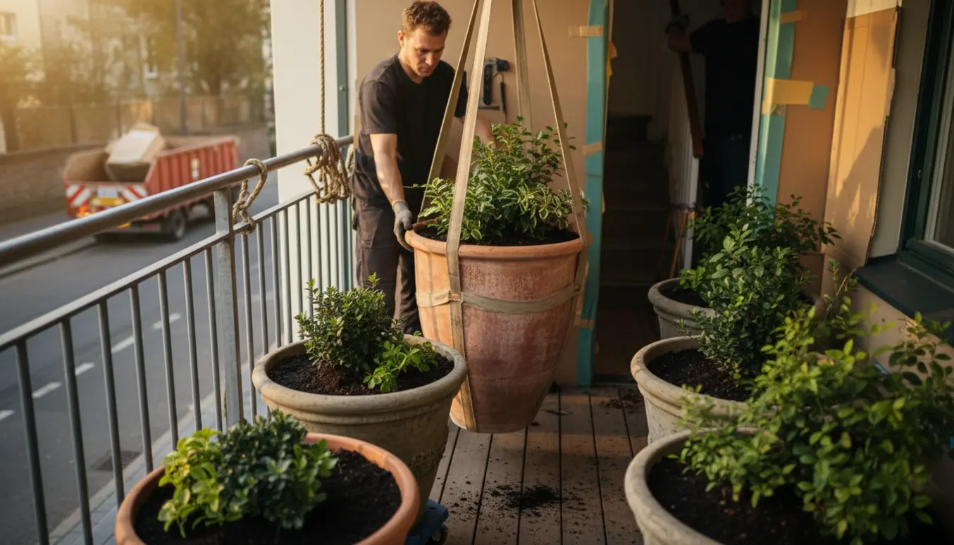 Store tunge krukker med jord og planter løftes fra en altan med løftestropper mod en container på gaden.