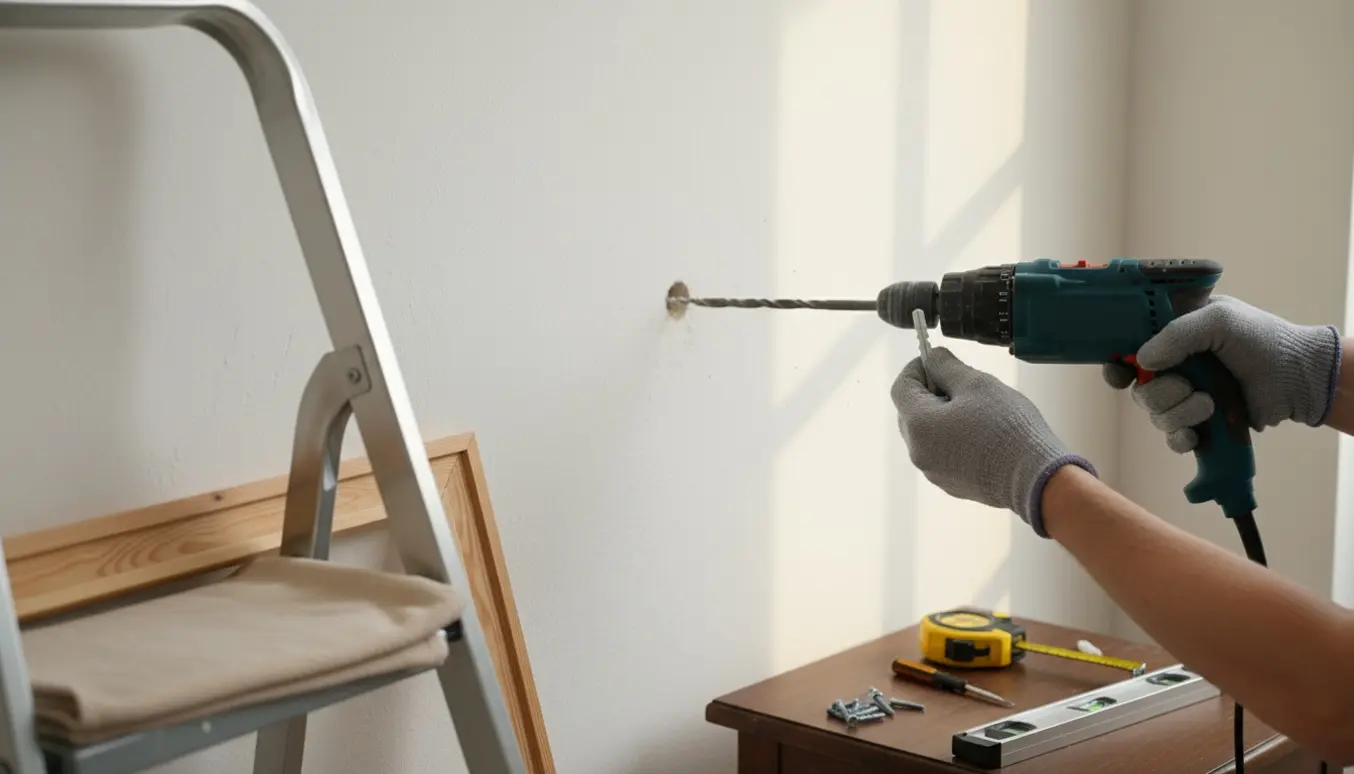 Nærbillede af hænder, der borer hul og sætter en rawlplug i væggen for at hænge et maleri.