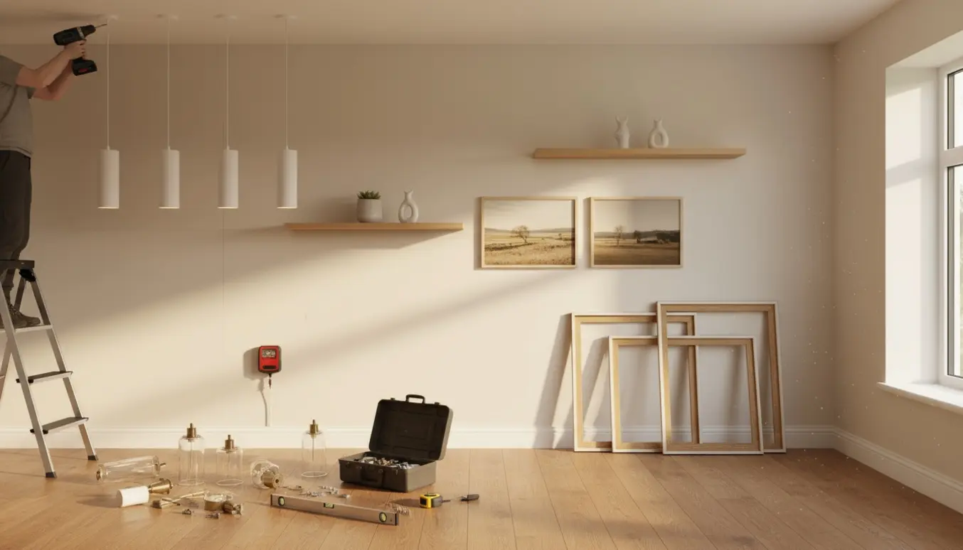 En hånd på en stige monterer en lampe i en lys rækkehusstue med hylder og billedrammer.