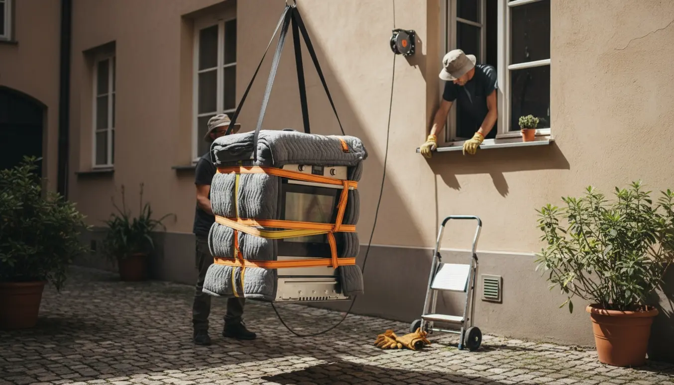 En ovn sænkes fra 2. sal ned i en solbeskinnet gård med løftestropper og to hjælpere uden tydelige ansigter.