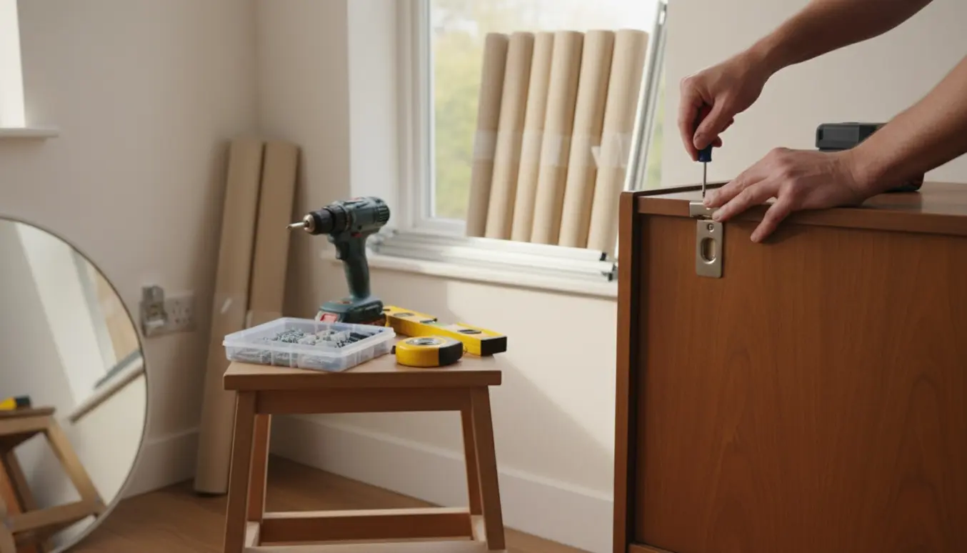 Hænder skruer en låge fast i en skænk med rullegardiner og et spejl klar til ophæng i baggrunden.