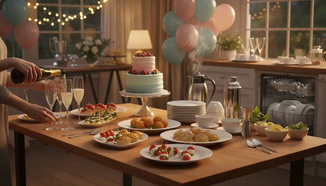 Hænder anretter fade og hælder velkomstdrinks ved et buffetbord til en fødselsdagsfest.