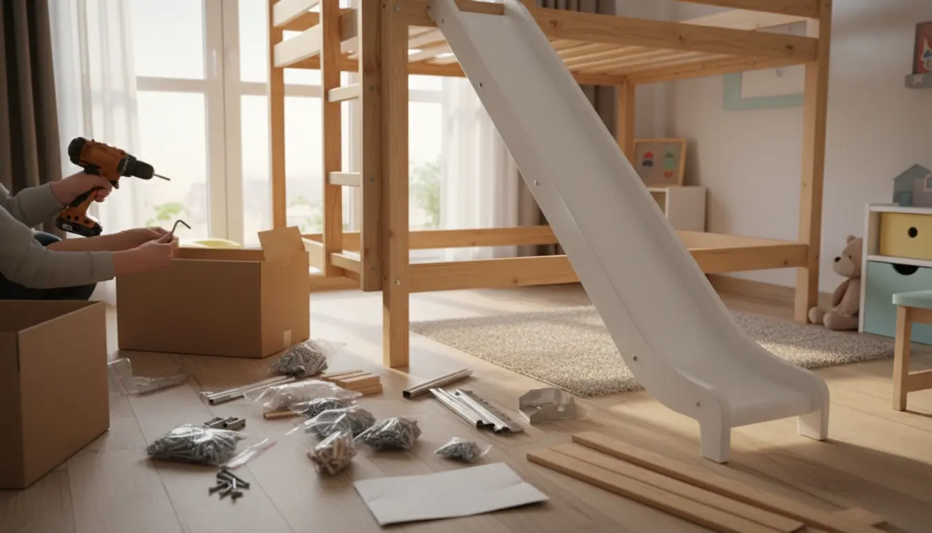 Delvis samlet køjeseng med rutsjebane og værktøj i et lyst børneværelse.