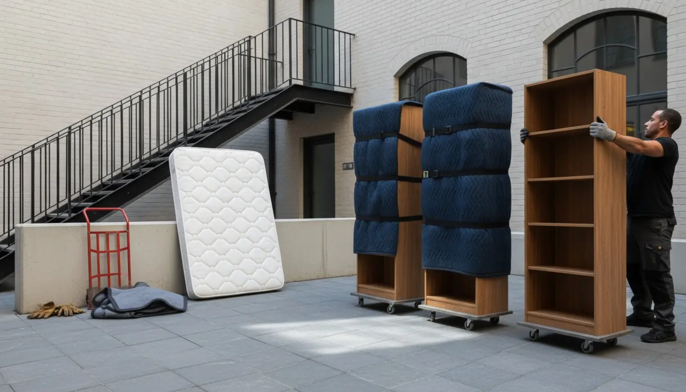 To reoler og en madras sat ud i gården ved storskrald med flytteudstyr og trappe i baggrunden.