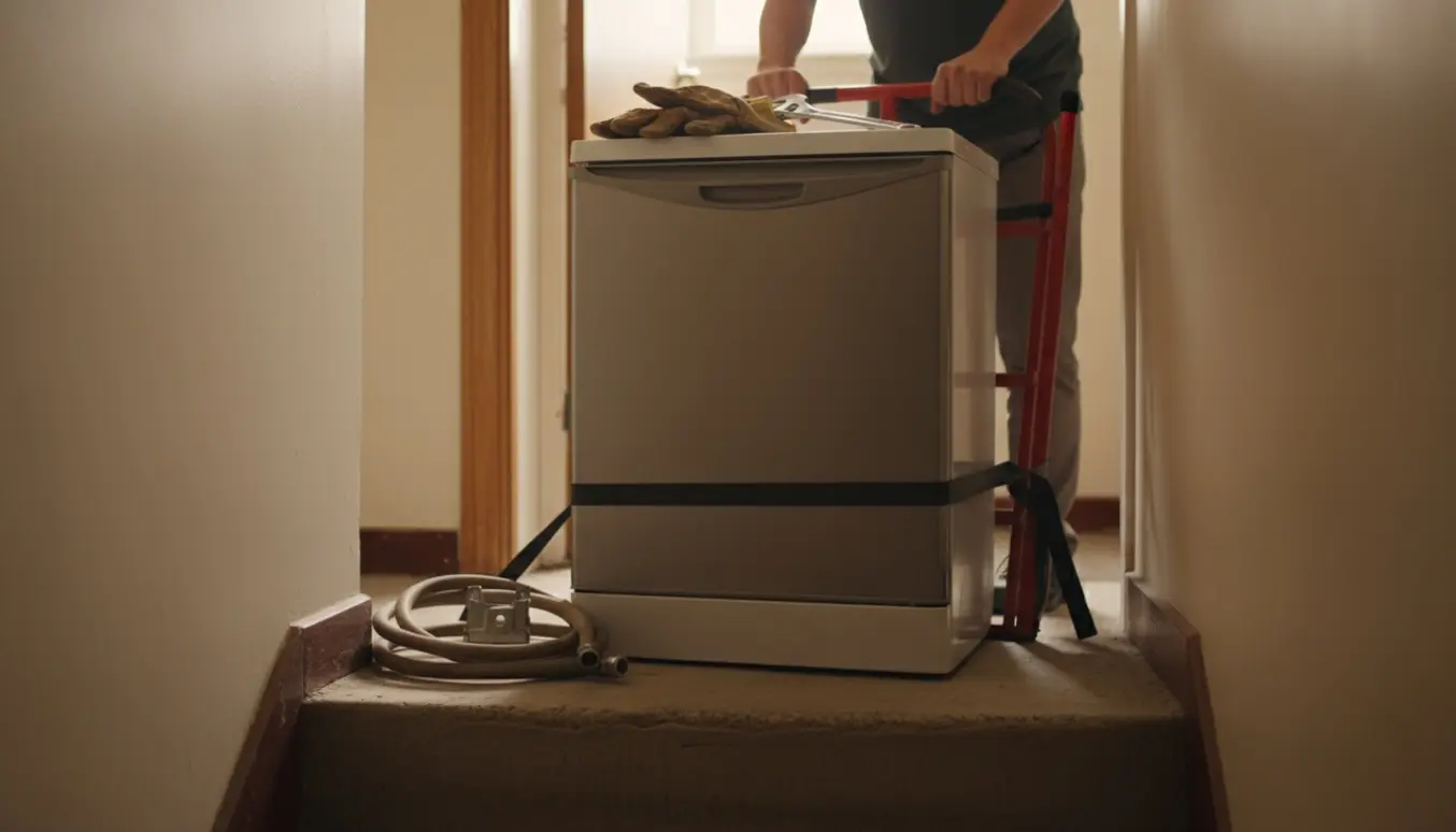 Afmonteret underskabs-opvaskemaskine på en opgangsrepos med værktøj, klar til bortskaffelse.