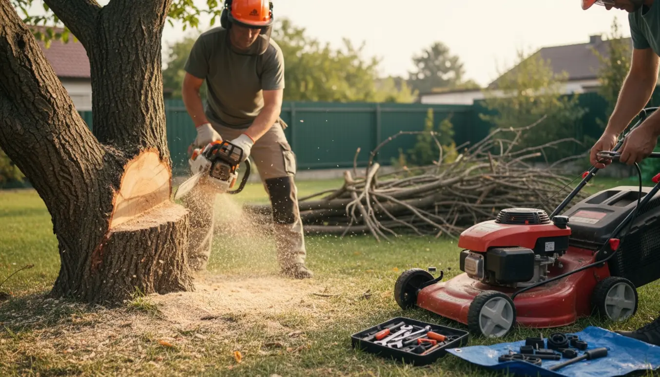 En person saver en tyk gren af et træ med en motorsav, mens hænder i forgrunden udskifter kabel på en plæneklipper.