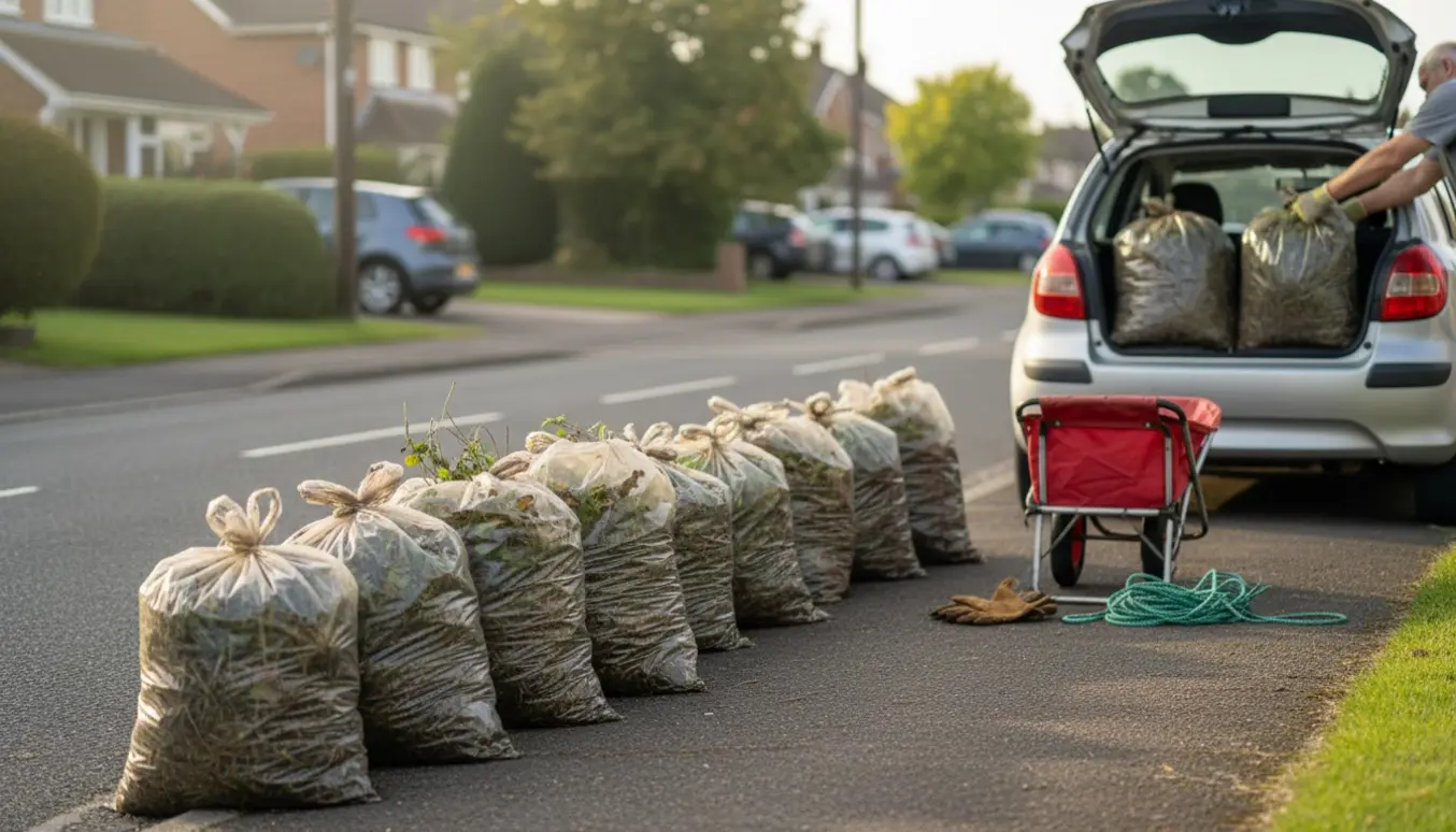 Fjorten fyldte haveaffaldssække stillet ved vejkanten klar til at blive læsset i en bil.