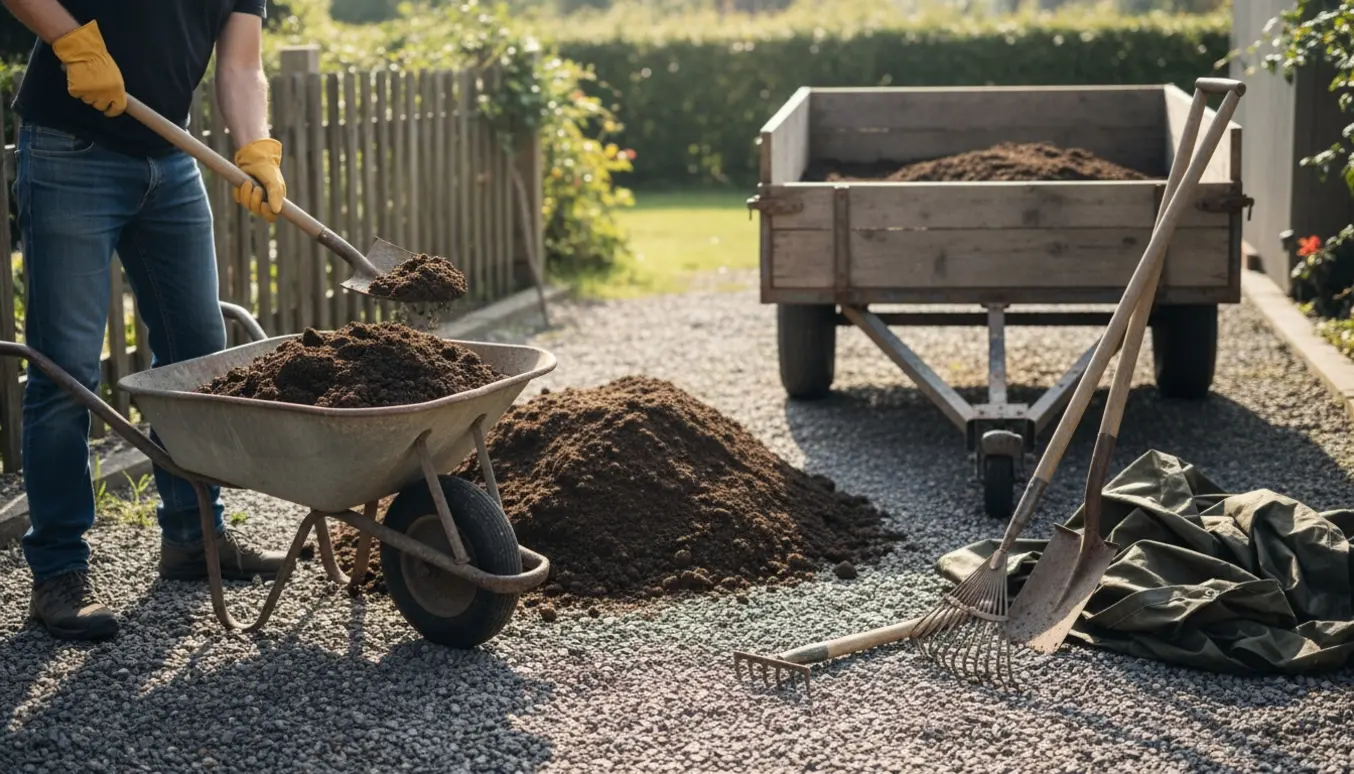 Trillebør fyldt med jord ved trailer og haveredskaber klar til bortkørsel.
