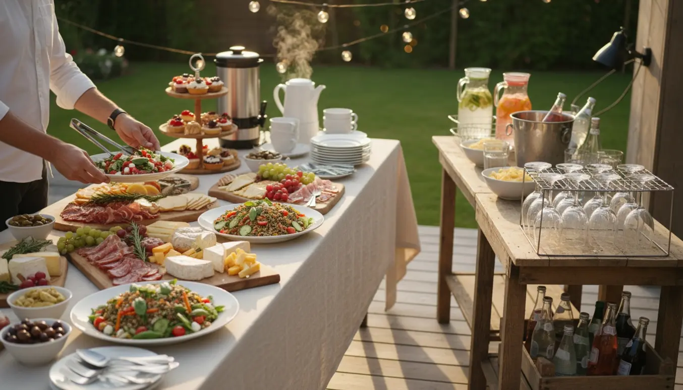 Buffetbord på terrasse i gyldent lys med fade, kaffe, drikkevarer og hænder, der anretter og fylder op.