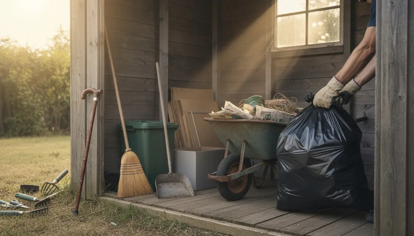 Et åbent træskur, hvor en person i handsker løfter en fyldt skraldepose, mens ting sorteres i trillebør og containere.