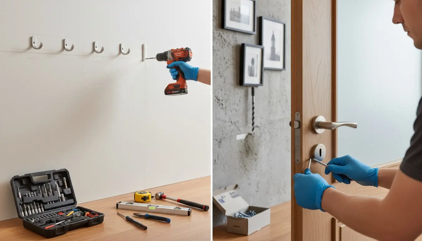 Tæt foto af hænder og værktøj, der borer i gips og beton og strammer et dørhåndtag.