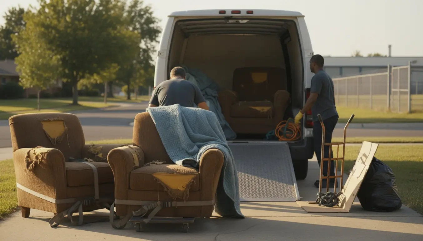 To kasserede lænestole bliver læsset i en varevogn på en indkørsel, hjælpere ses bagfra.