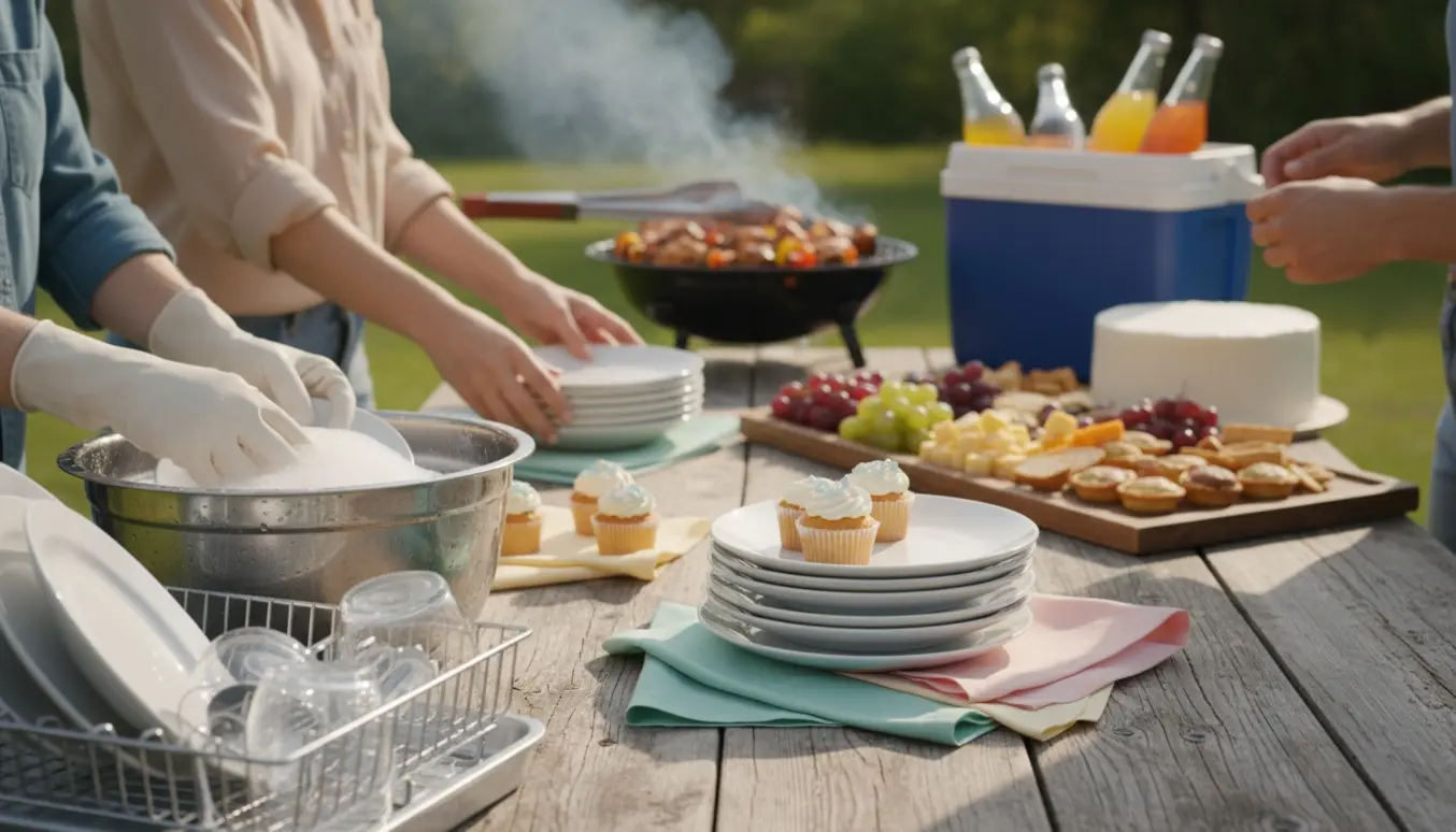 Hænder dækker bordet og vasker op ved en havefest med grill og buffet i baggrunden.