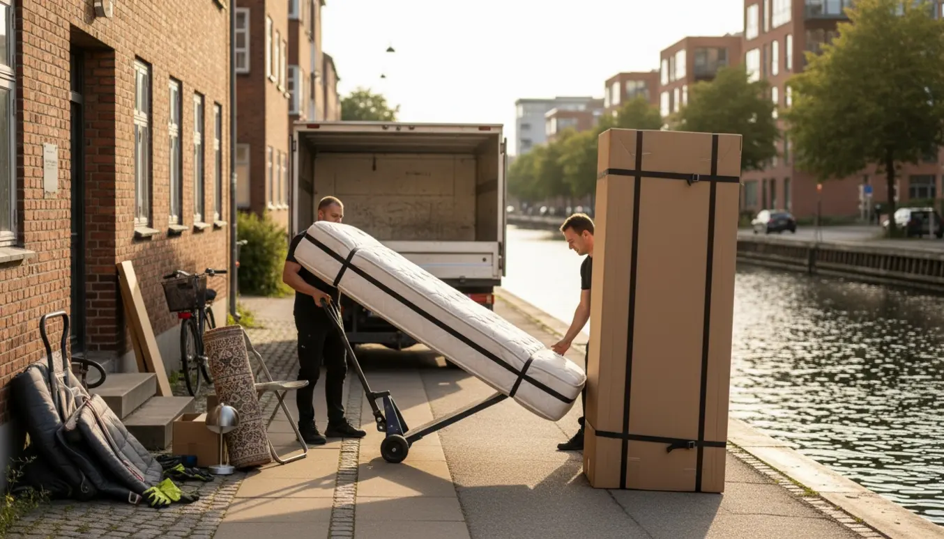 Sænge­madras og et slankt pakket skab lægges ud til storskrald ved Islands Brygge i varmt aftenslys.