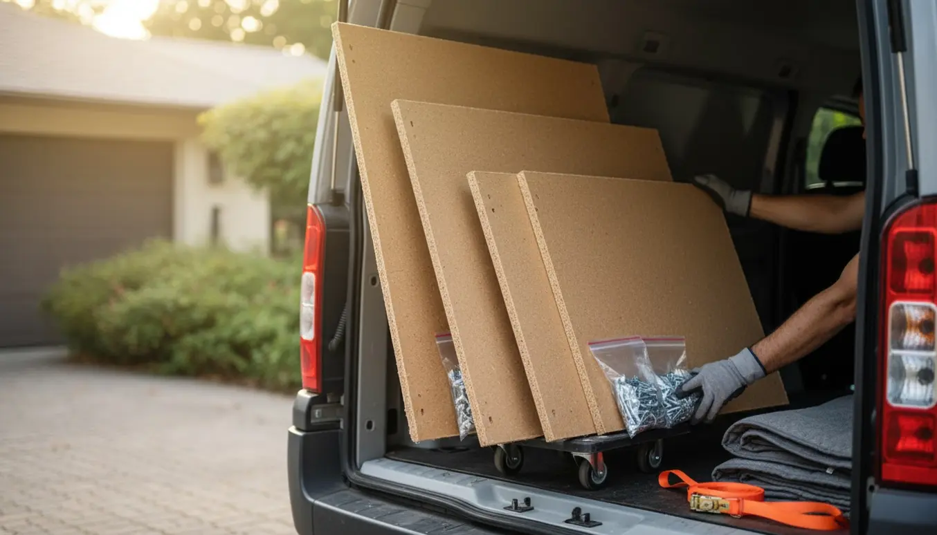 Fire afmonterede reolplader — to høje og to lave — stablet ved en åben varevogn klar til bortskaffelse.