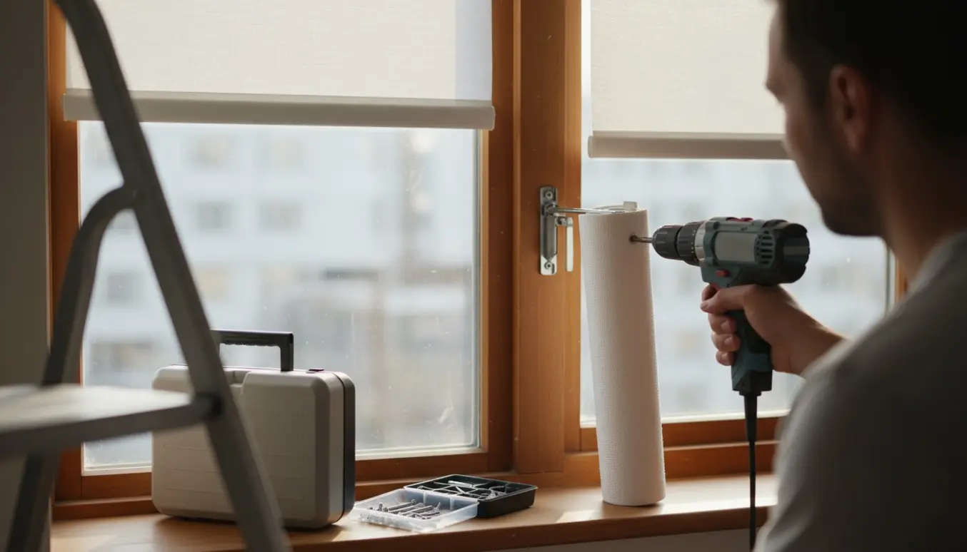 En person afmonterer et rullegardin ved et vindue med en elektrisk boremaskine.