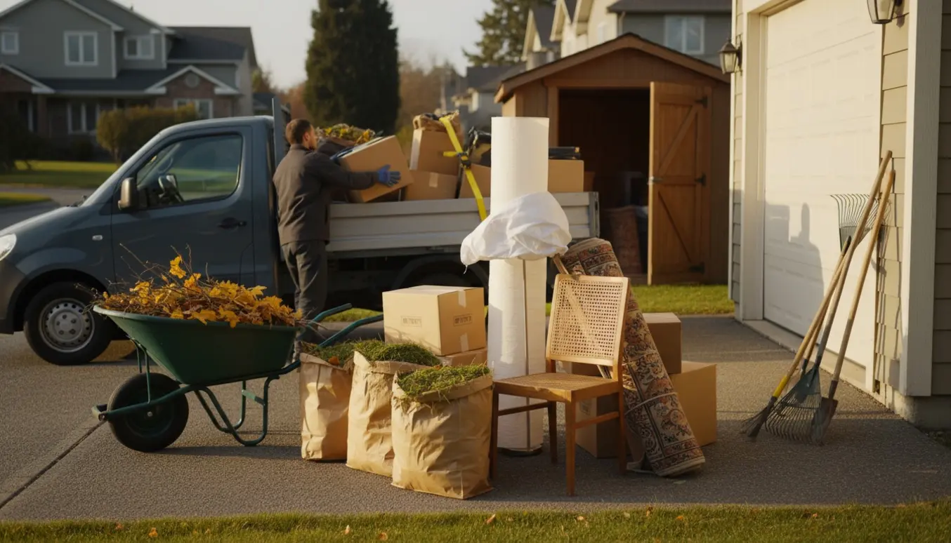 En åben varevogn lastes med sække med haveaffald og diverse boligting klar til bortkørsel.