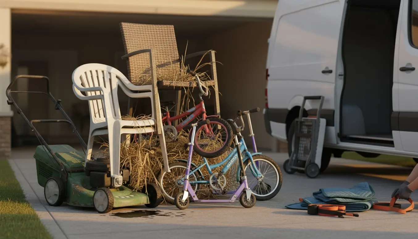 Brokke havemøbler, en plæneklipper, en håndtrimmer, to børnecykler og to løbehjul samlet ved indkørslen til afhentning.