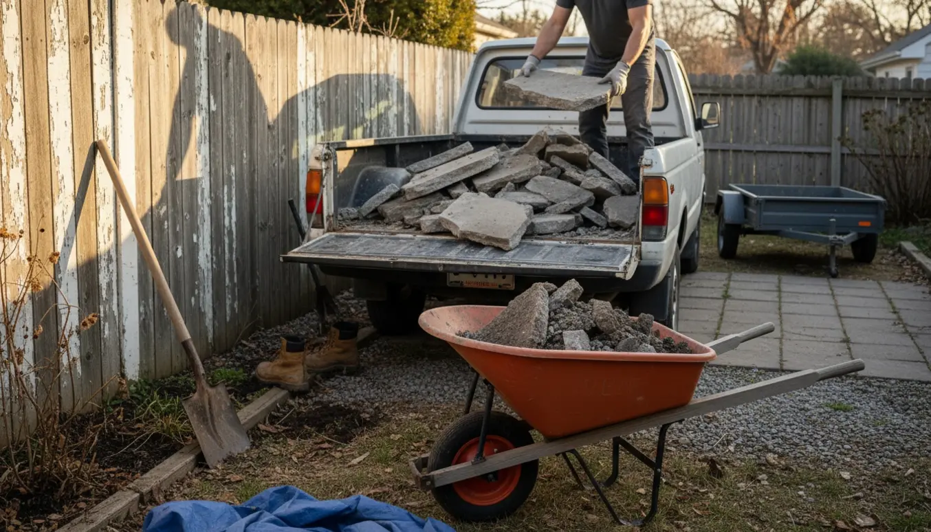 Betonbrokker i en have bliver samlet sammen og læsset i en åben ladvogn med trillebør og skovl.