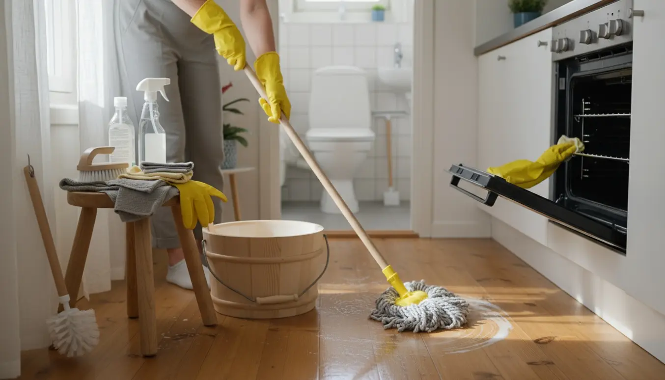 Rengøringsudstyr i et lyst, hyggeligt sommerhus, hvor hænder i gummihandsker mopper gulvet og ovn og badeværelse er ved at blive rengjort.