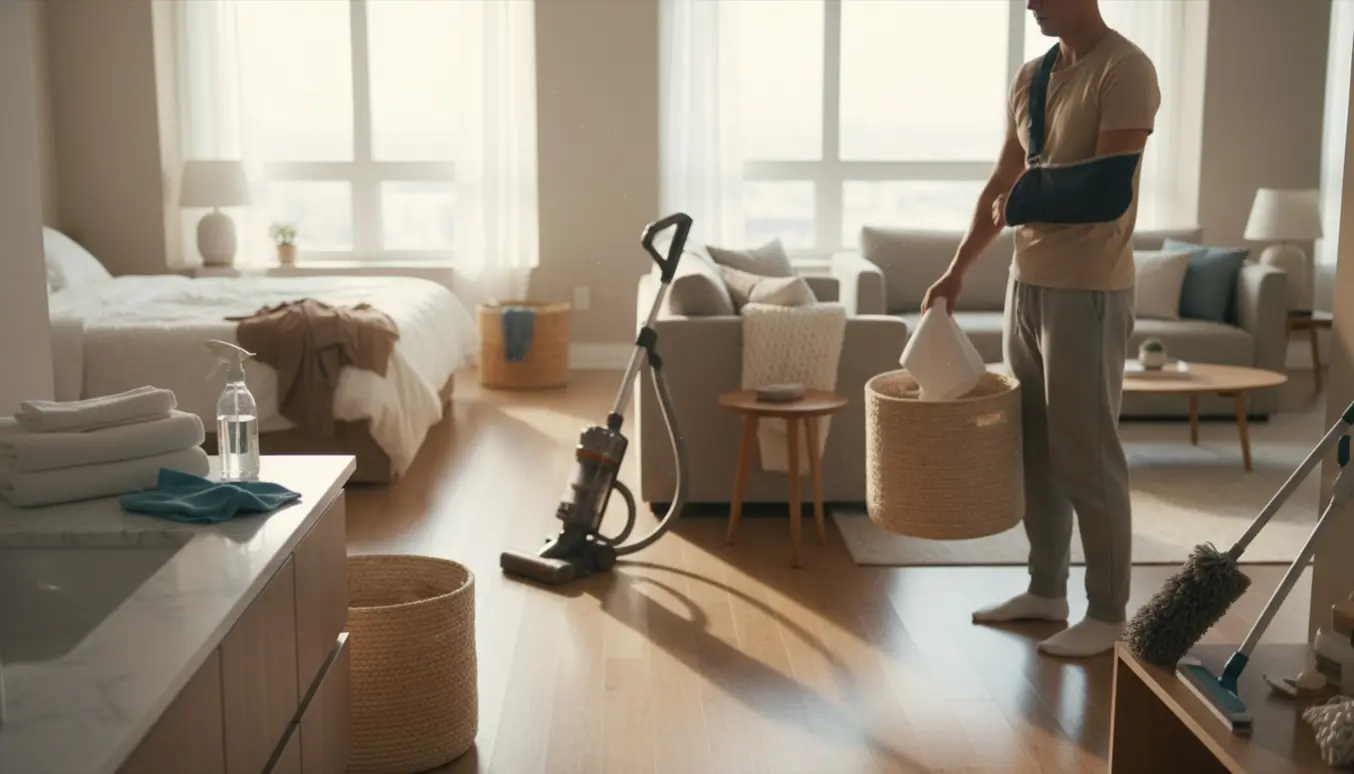 En person med arm i slynge rydder let op i et lyst hjem og folder håndklæder i en kurv.