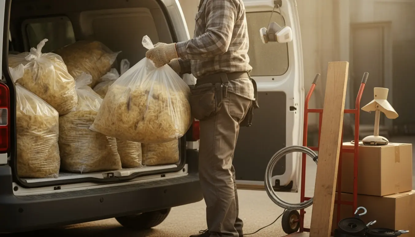 Gammelt rockwool i klare plastsække bliver læsset op i en varebil med handsker og værktøj i nærheden.
