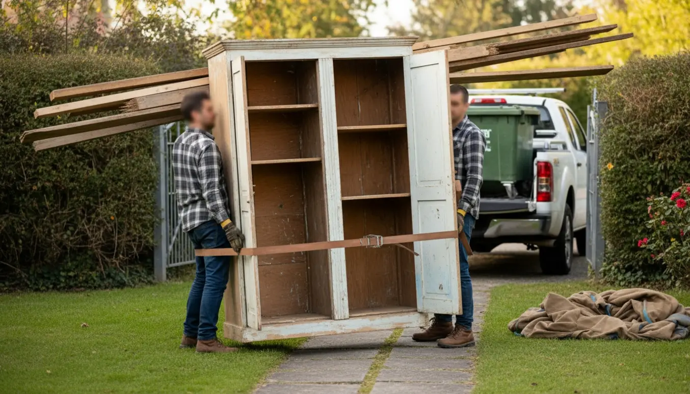 To personer bærer et tomt gammelt skab gennem en have mod en lastbil og container til bortskaffelse.