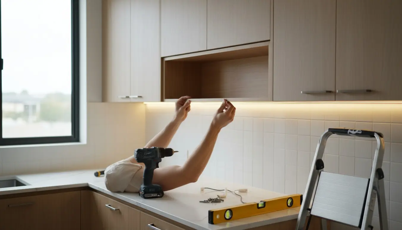 Hænder monterer to vægskabe med en åben hylde i midten og underbelysning i et lyst køkken.