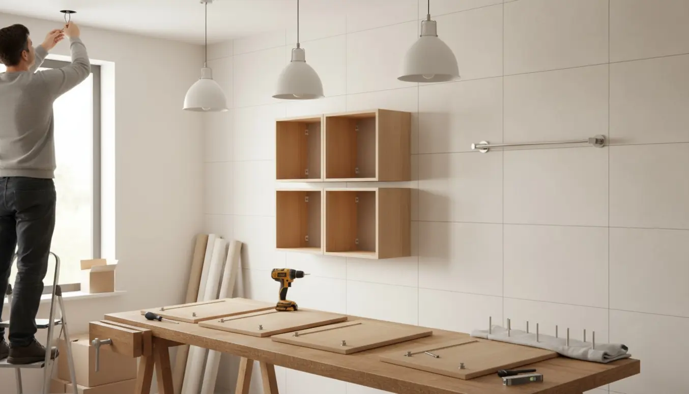 Indsatte loftslamper, halvmonteret håndklædeholder, kubereoler og greb klar til montering i et lyst værkstedsmiljø.