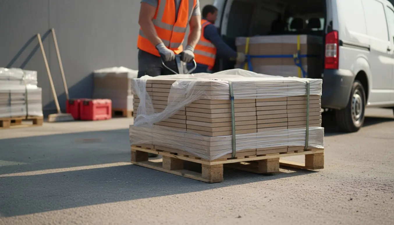 En palle med overskydende fliser på en palleløfter ved en byggeplads, klar til afhentning.