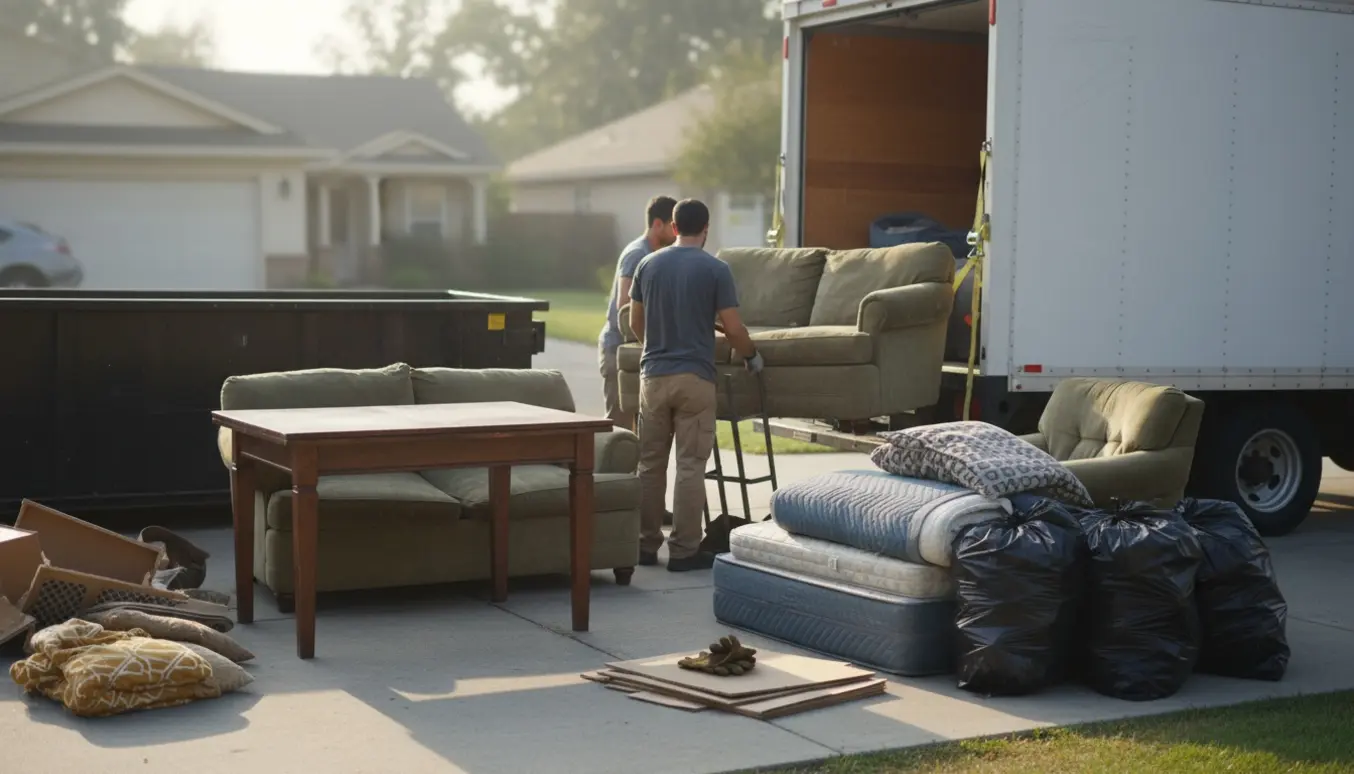 To flyttefolk bærer en tung sofa ind i en hvid varevogn på en indkørsel, omgivet af møbler og emballagematerialer.