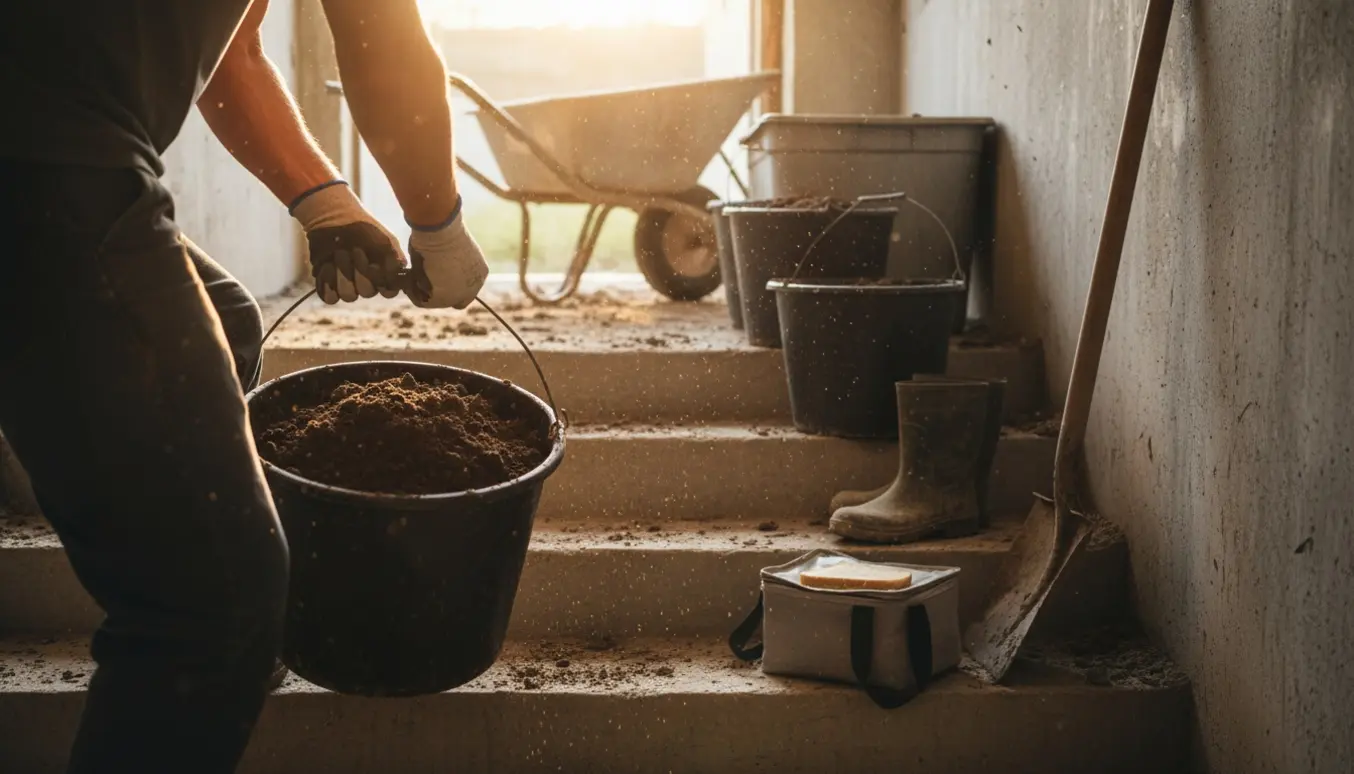 En arbejder bærer en spand jord op ad kældertrappen mod en trillebør og en åben container.