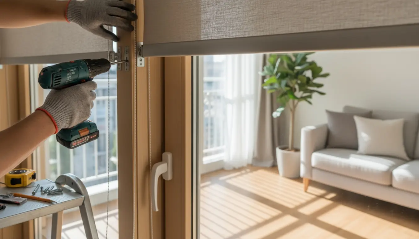 Hænder monterer et rullegardin foran en altandør i en lys lejlighed.