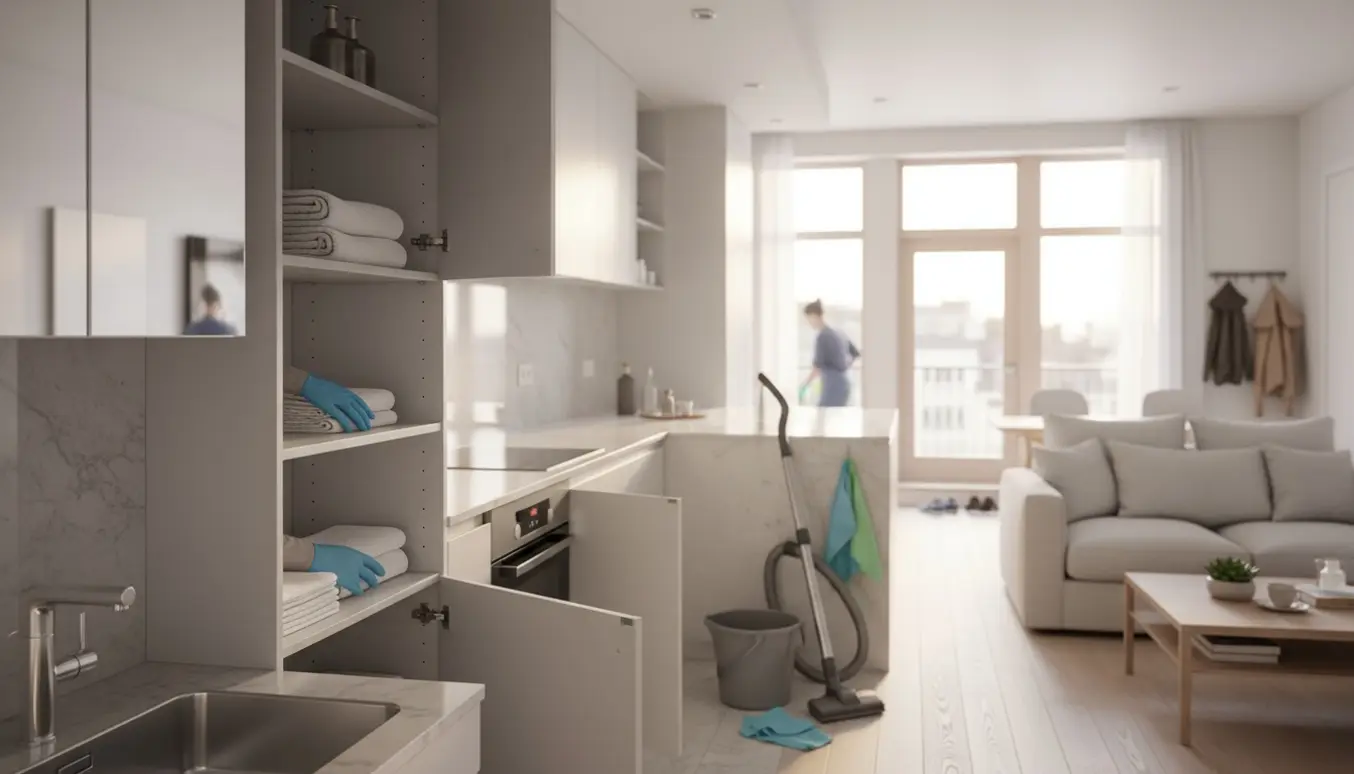 Hovedrengjort 78 m² lejlighed med skinnende køkken, ryddet stue og rengøringsudstyr i baggrunden.