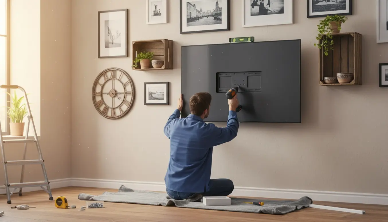 Hænder monterer et fladt TV på en stuevæg med billeder, trækasser og et stort vægur.